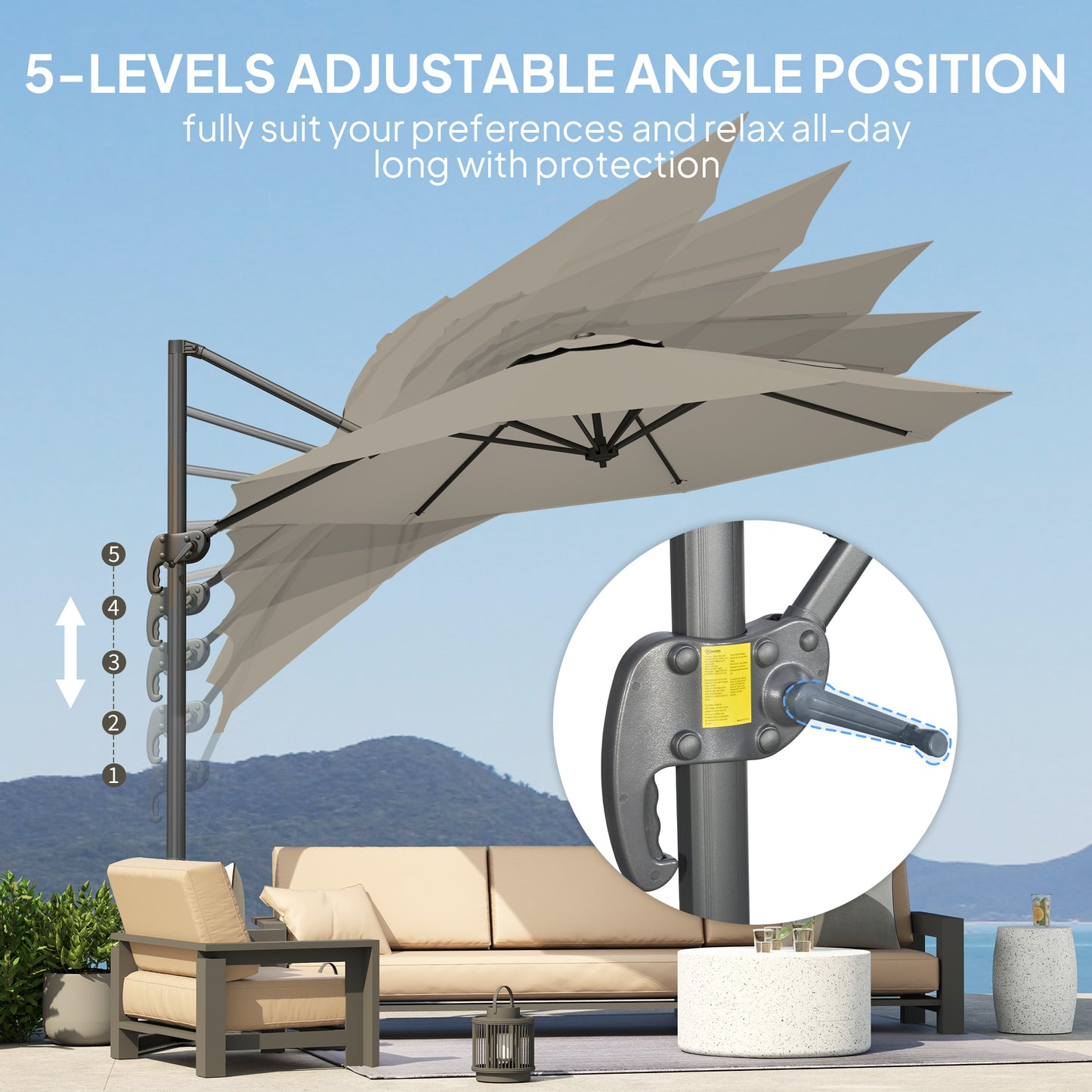 Outsunny 3 x 3(m) Cantilever Parasol with Cross Base, Garden Umbrella with 360° Rotation, Crank Handle and Tilt for Outdoor, Light Grey
