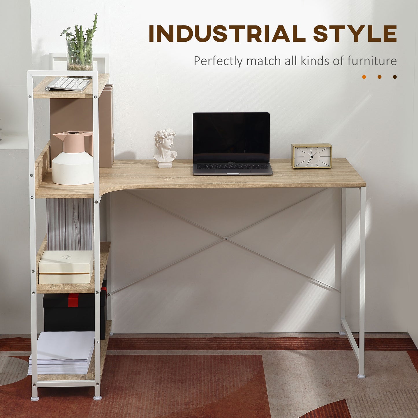 HOMCOM Retro Industrial Computer Desk Home Office Table with 4-Tier Storage Shelf Metal Frame Computer Workstation for Home Office, Oak