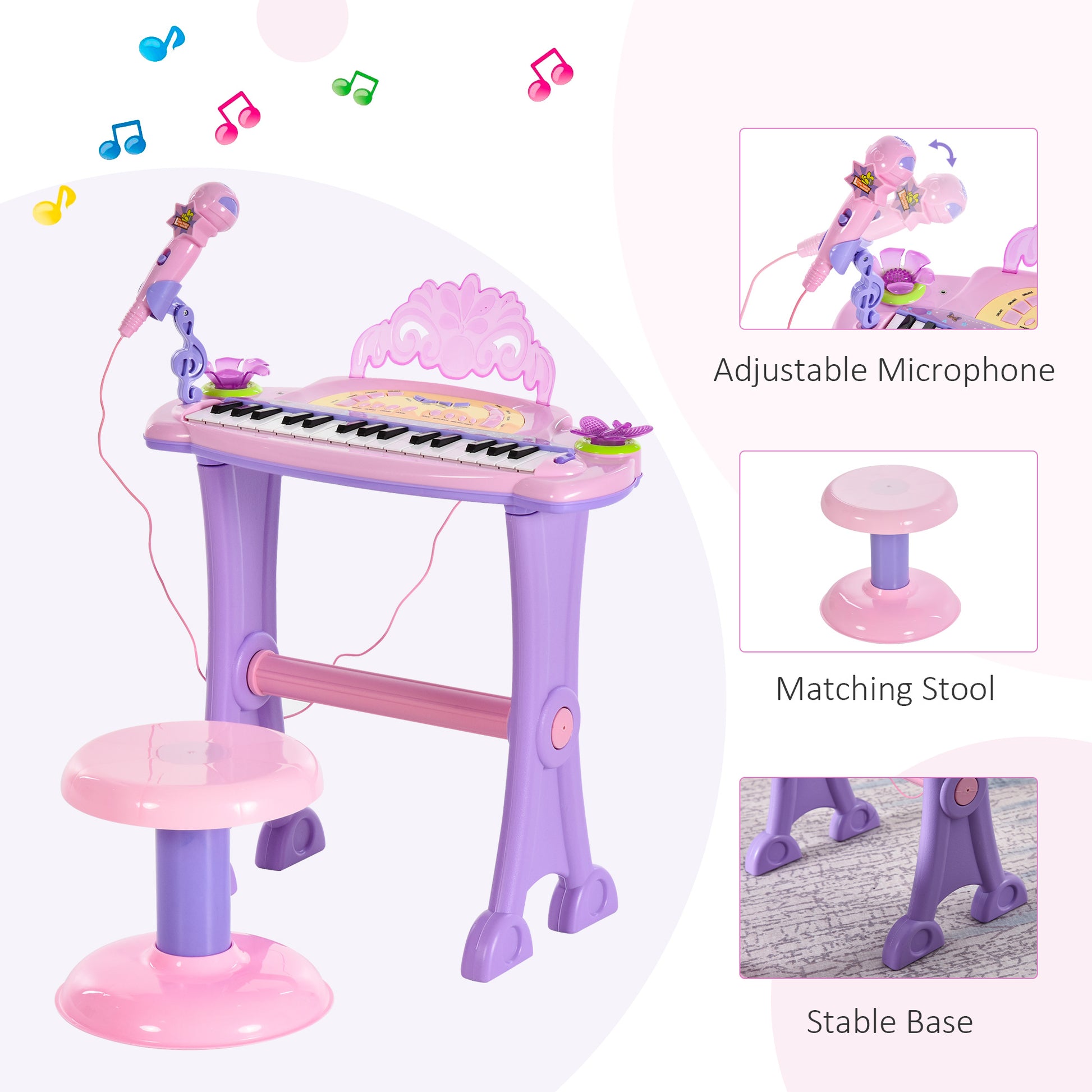 HOMCOM Mini Electronic Organ Piano W/Microphone and Stool-Purple/Pink