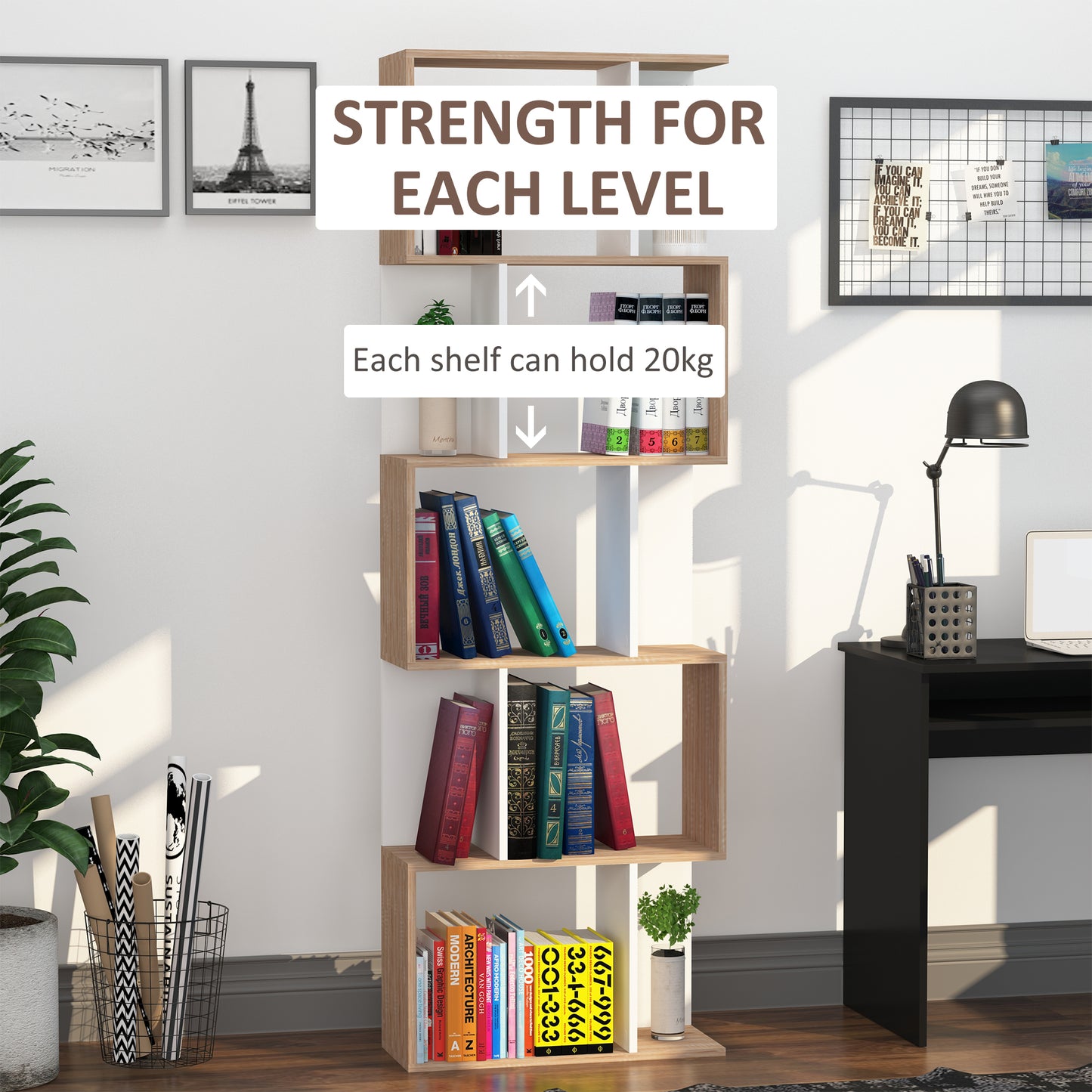 HOMCOM 5-tier Bookcase Storage Display Shelving S Shape design Unit Divider White