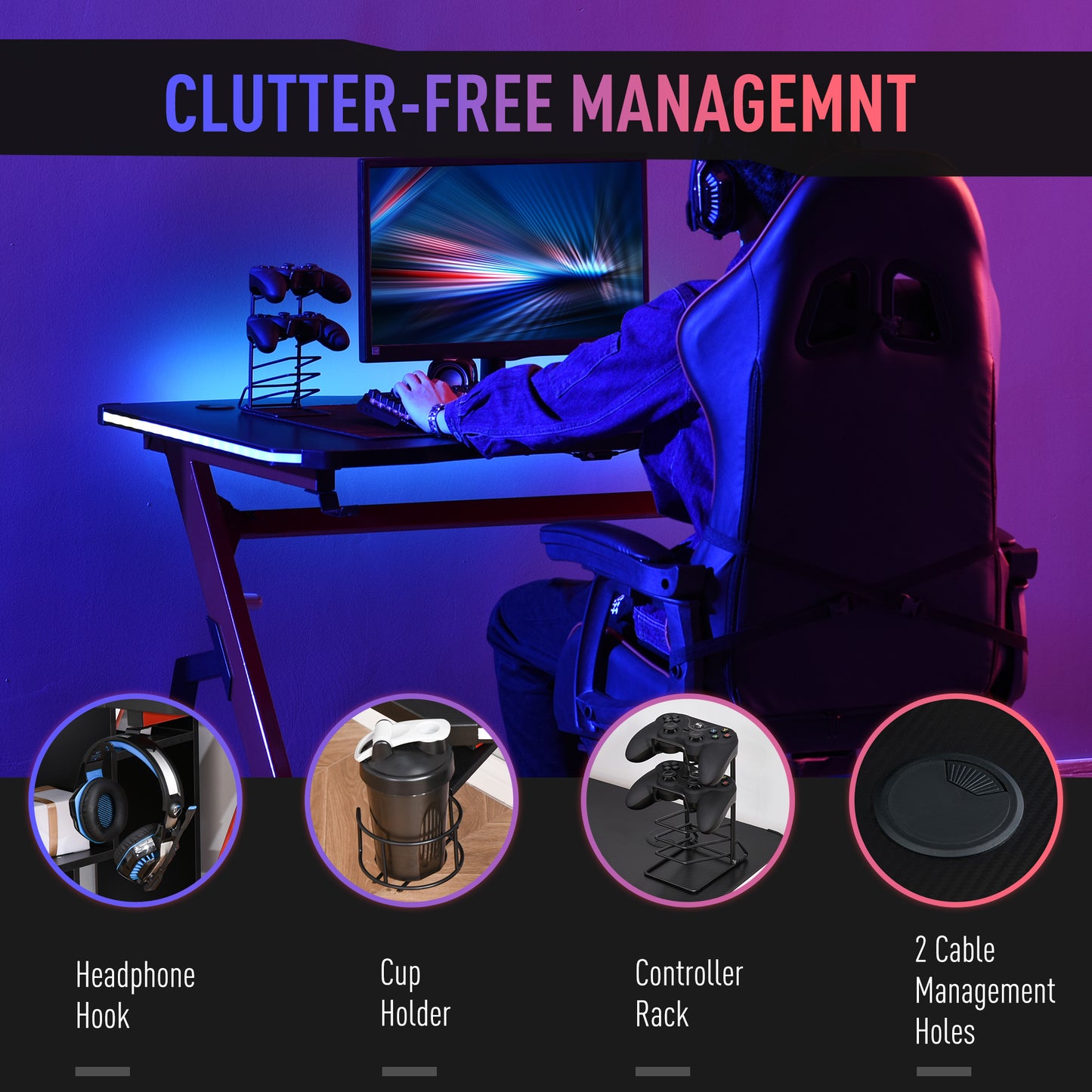 HOMCOM Gaming Desk Racing Style Home Office Ergonomic Computer Table Workstation with RGB LED Lights, Hook, Cup Holder, Controller Rack Black Red