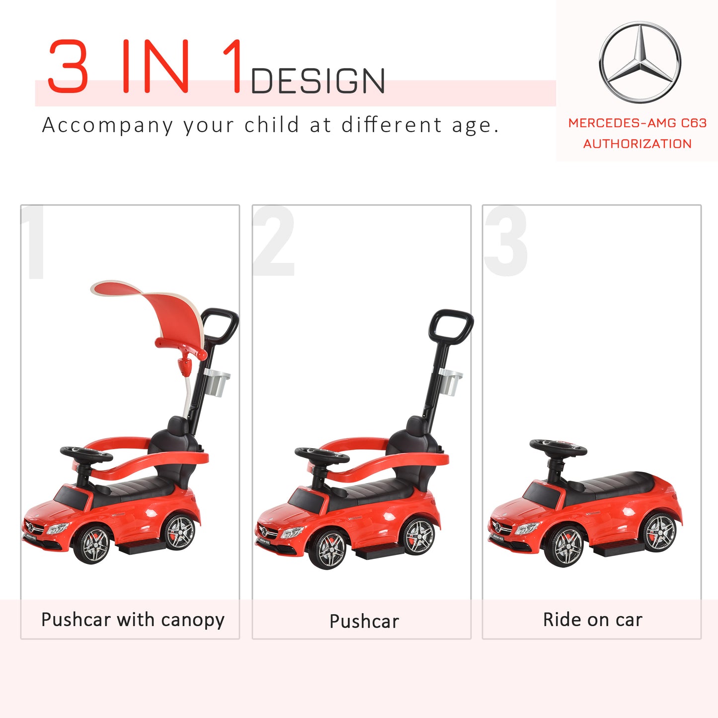 HOMCOM 3 in 1 Ride On Push Along Car Mercedes Benz for Toddlers Stroller Sliding Walking Car with Sun Canopy Horn Safety Bar Cup Holder Ride on Toy