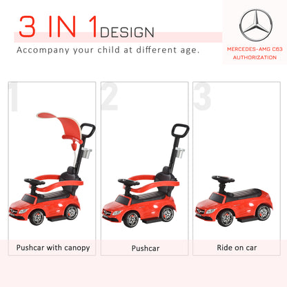HOMCOM 3 in 1 Ride On Push Along Car Mercedes Benz for Toddlers Stroller Sliding Walking Car with Sun Canopy Horn Safety Bar Cup Holder Ride on Toy