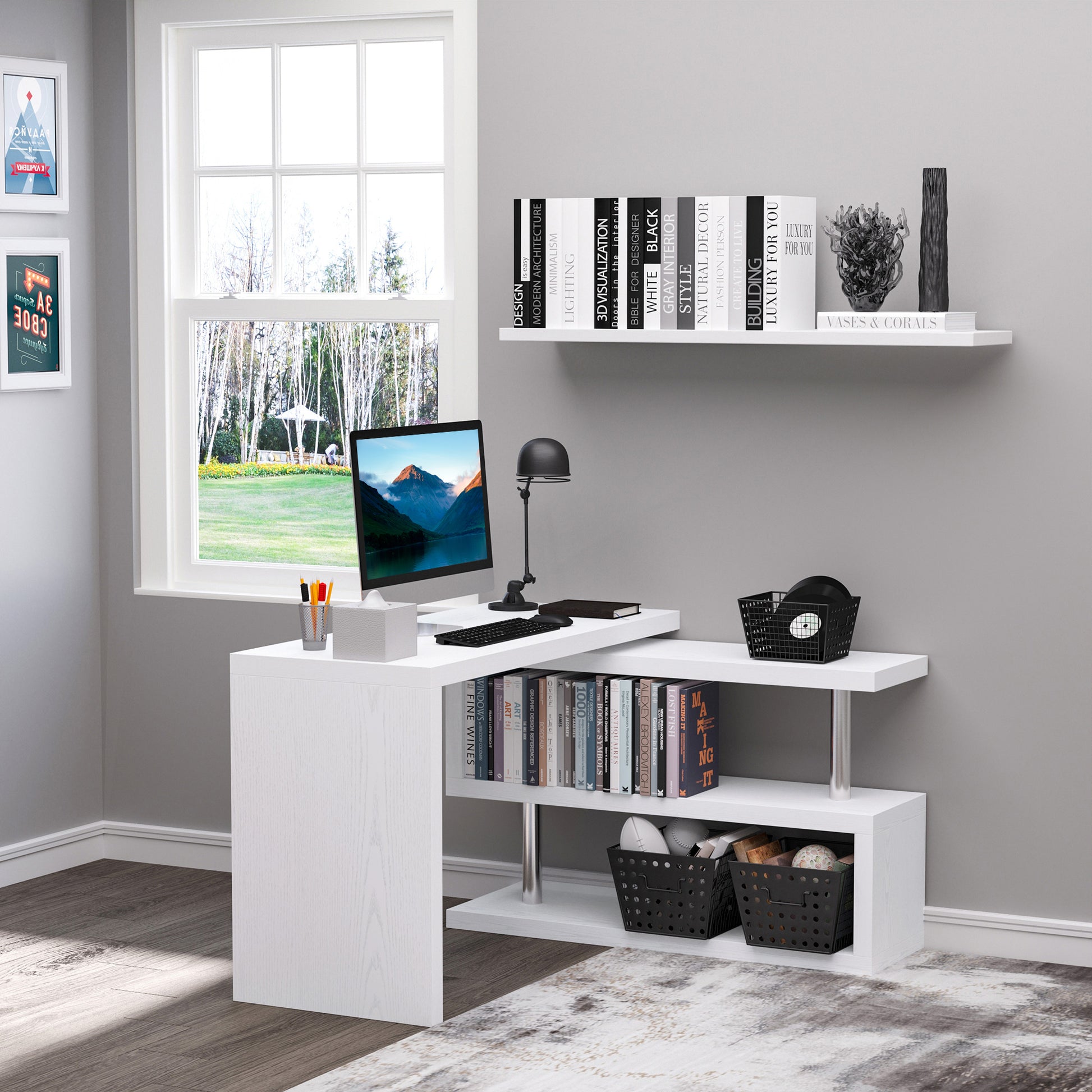 HOMCOM 360° Rotating L-Shaped Corner Computer Desk Home Office Writing Table Swivel Workstation with Storage Shelf, White