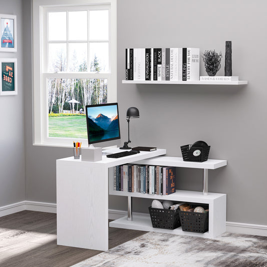 HOMCOM 360° Rotating L-Shaped Corner Computer Desk Home Office Writing Table Swivel Workstation with Storage Shelf, White