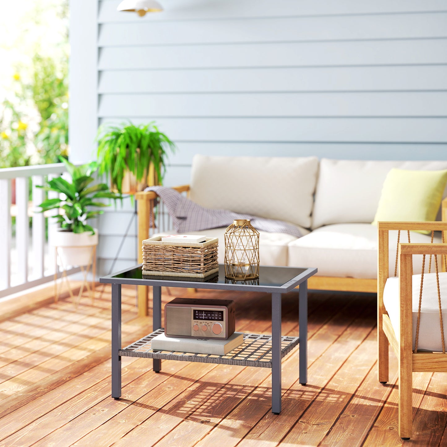 Outsunny Outdoor Rattan Coffee Table with Tempered Glass Top, Storage Shelf, Foot Pads, for Patio, Balcony, Mixed-grey