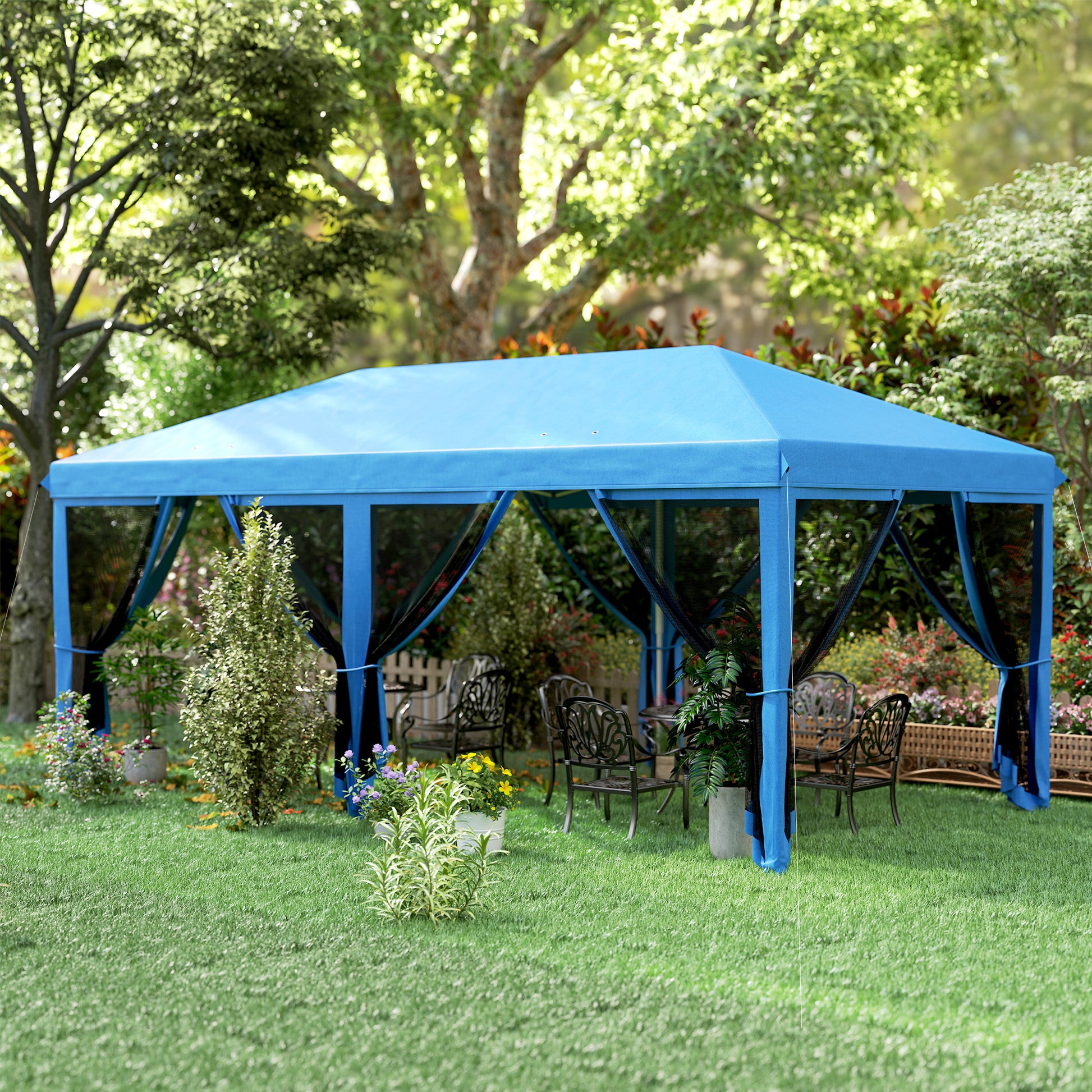 Outsunny 3 x 6m Pop Up Gazebo, Outdoor Canopy Shelter, Marquee Party Wedding Tent with 6 Mesh Walls and Carry Bag, Blue