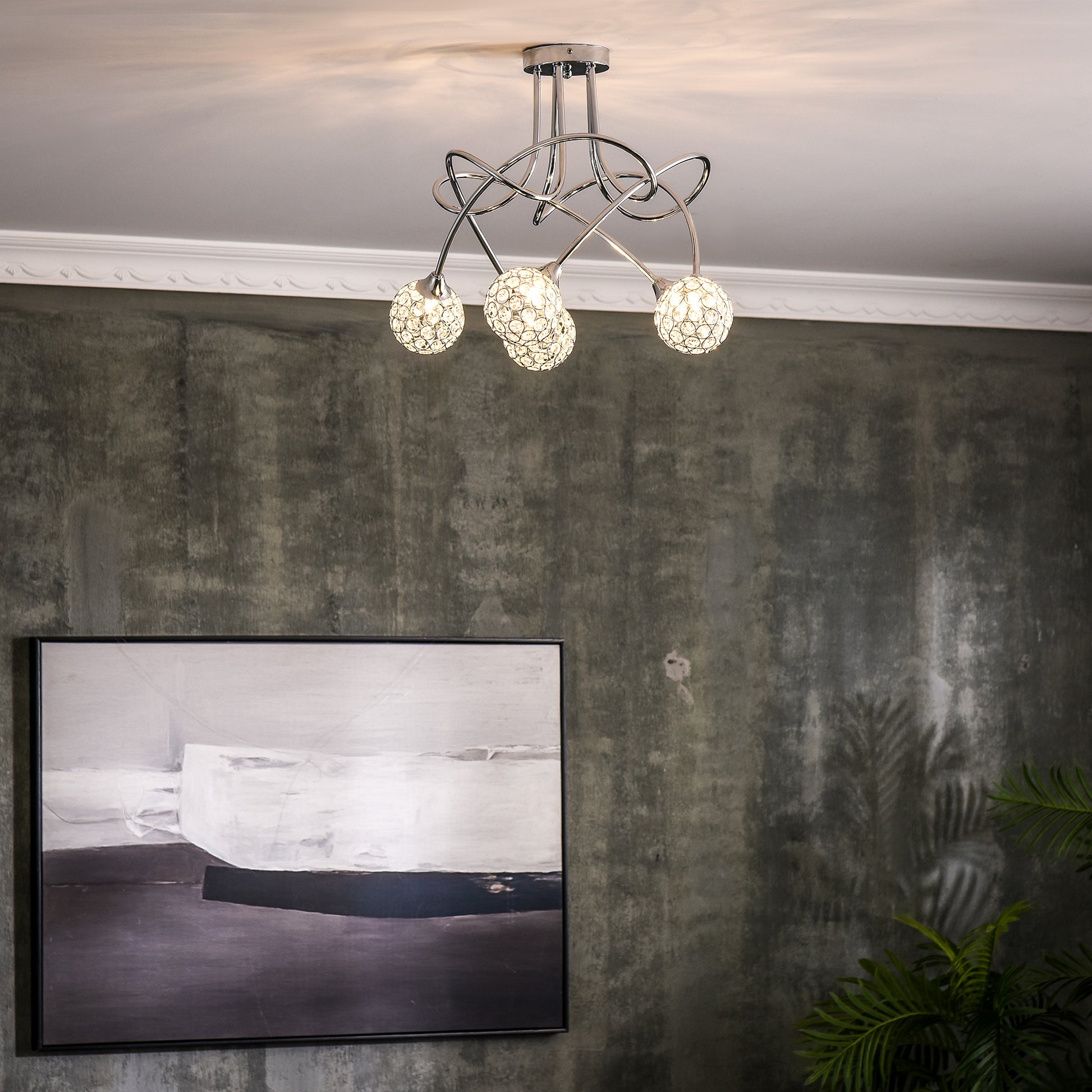 HOMCOM Modern Crystal Ball Chandelier Ceiling Light Pendant Light with 5 Lampshades 5 G9 Bulbs Required Silver