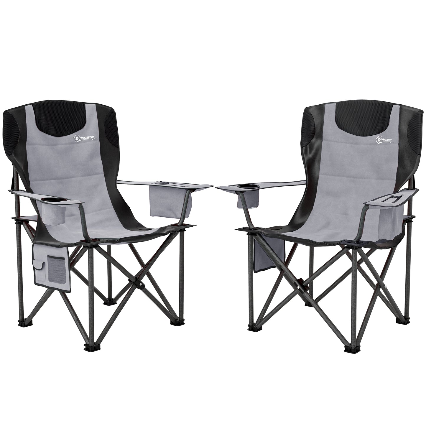 Outsunny Set of 2 Folding Camping Chairs, Padded Camping Chairs with Adjustable Armrests, Portable & Lightweight Folding Camp Chair with Cooler Bag, Cup Holder and Side Pockets, Grey