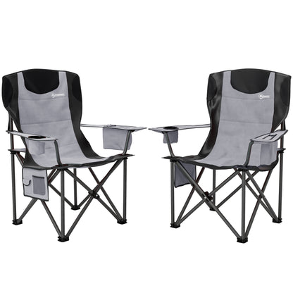 Outsunny Set of 2 Folding Camping Chairs, Padded Camping Chairs with Adjustable Armrests, Portable & Lightweight Folding Camp Chair with Cooler Bag, Cup Holder and Side Pockets, Grey
