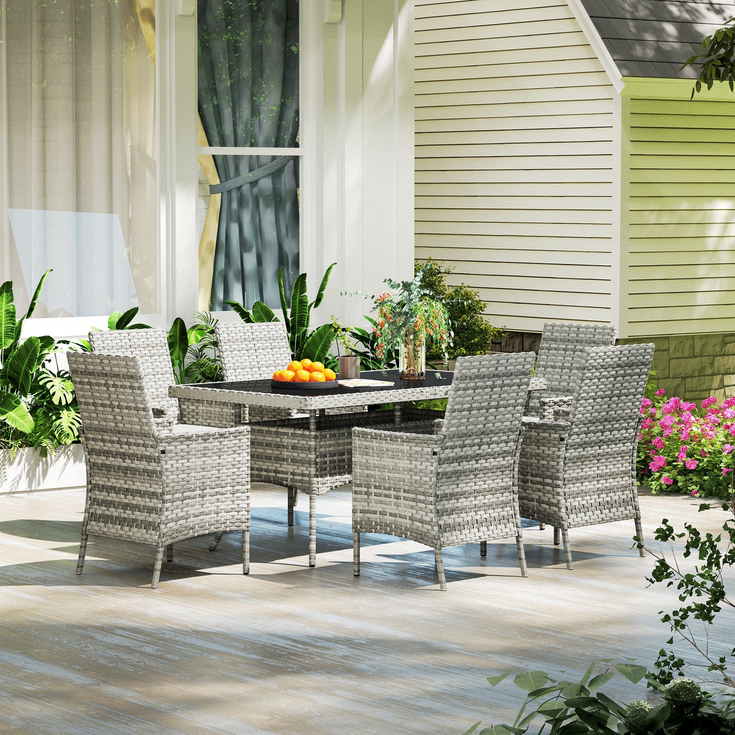 Outsunny Seven-Piece Rattan Dining Set - Mixed-Grey