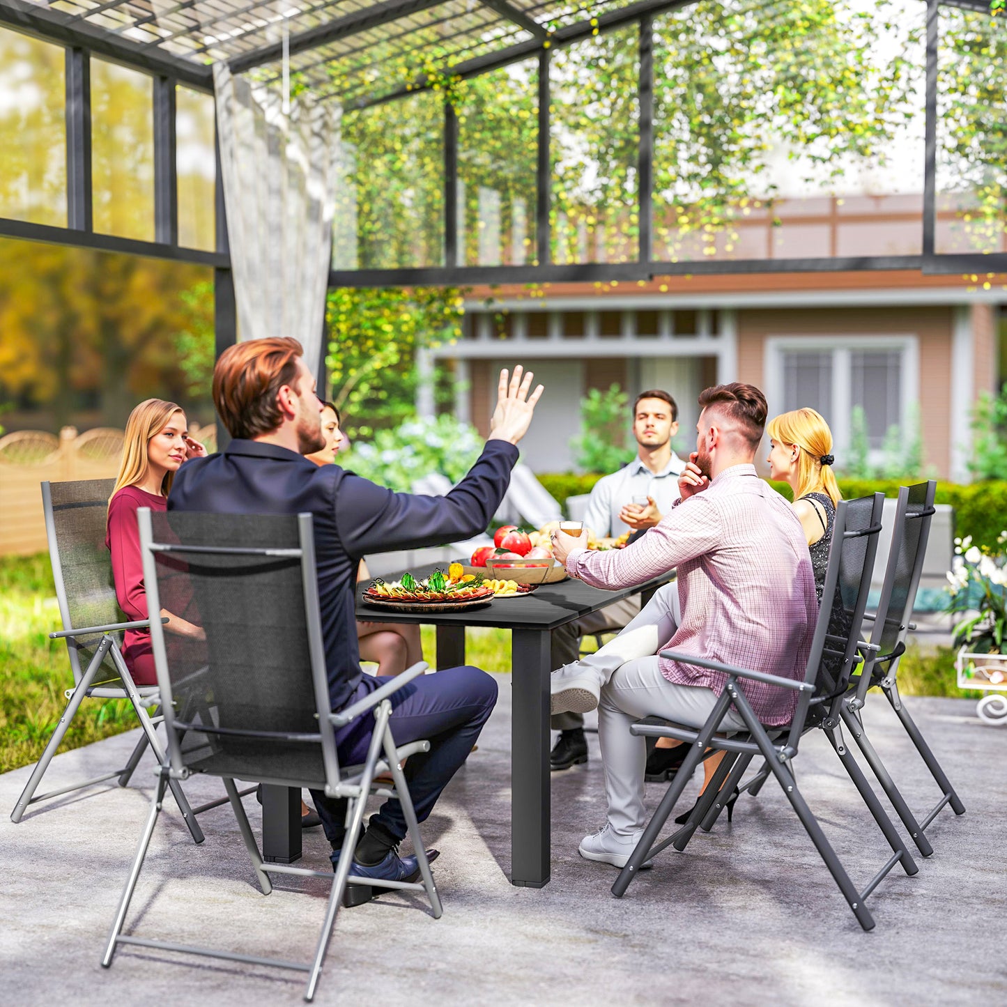 Outsunny Garden Table with Parasol Hole for 6 Person, Rectangle Outdoor Dining Table with Slatted Metal Tabletop, Steel Frame for Patio, Balcony, 150 x 90 x 73 cm, Black
