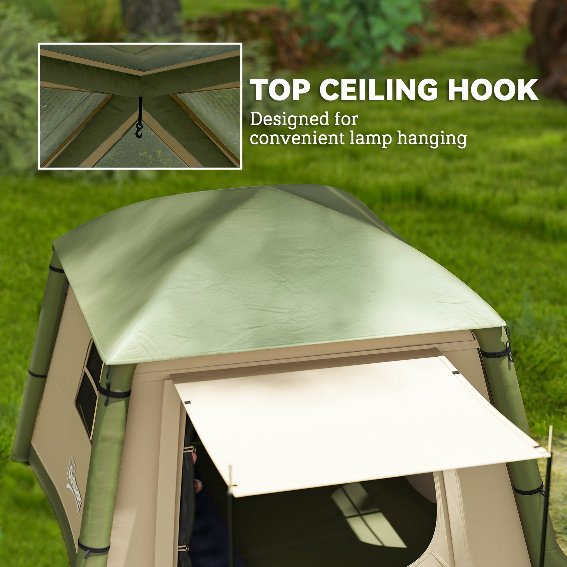 Outsunny Inflatable Camping Tent w/ Hand Pump, Easy Setup 1/2 Person Blow Up Tent Waterproof 190T Taffeta w/ Mesh Windows, Doors and Carry Bag, Brown