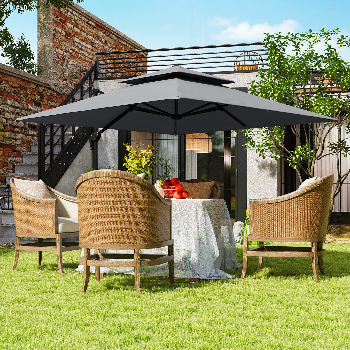 Outsunny 3 x 3(m) Cantilever Parasol with Aluminium Frame, Crank and Tilt, 360-Degree Rotation, Double Top Garden Umbrella with Base and Cover, Light Grey