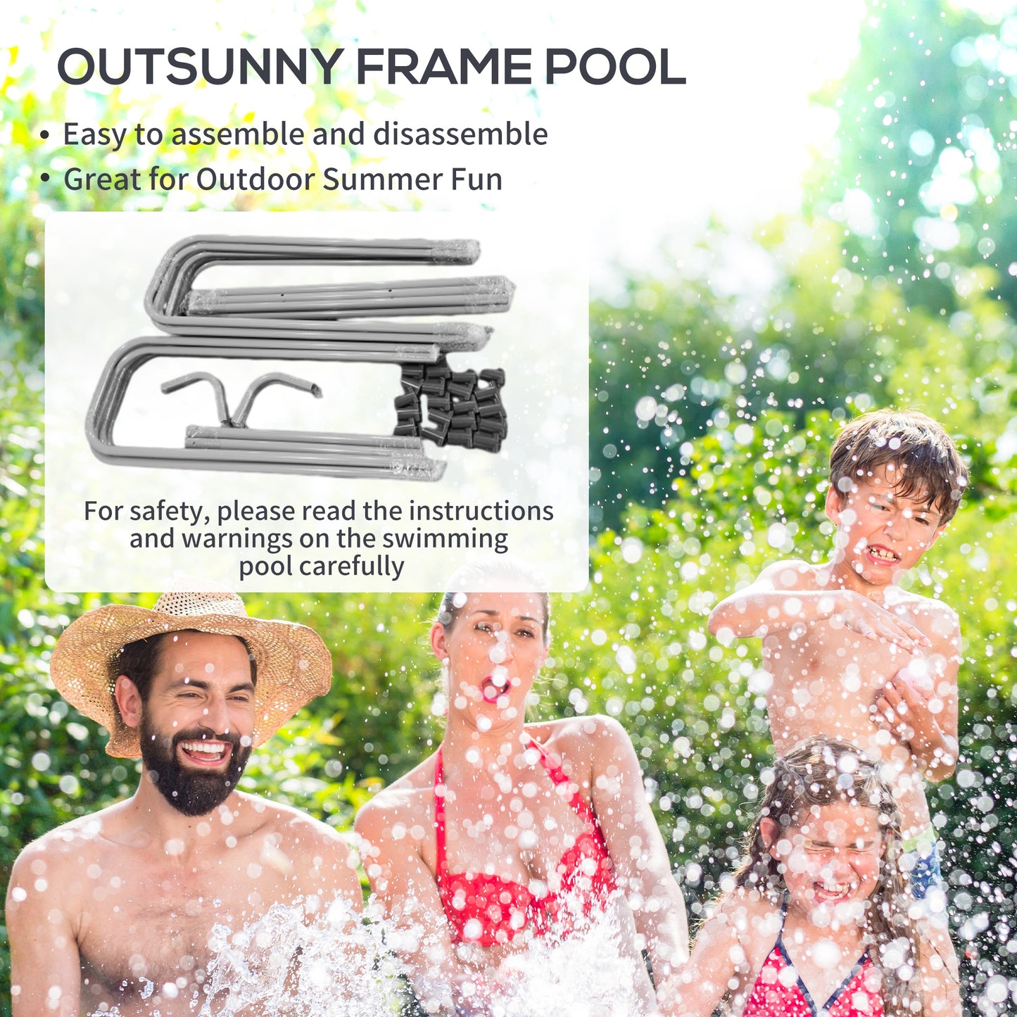 Outsunny Rectangle Steel Frame Swimming Pool with Ladder and Pump - Grey