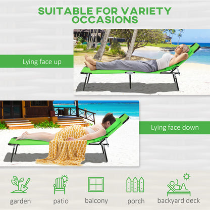 Outsunny Outdoor Folding Sun Lounger Set of 2 with Face Hole, 4 Level Adjustable Backrest Reclining Garden Lounger, Garden Recliner Sunbed with 600 D Oxford Cloth Seat and Pillow for Beach, Green