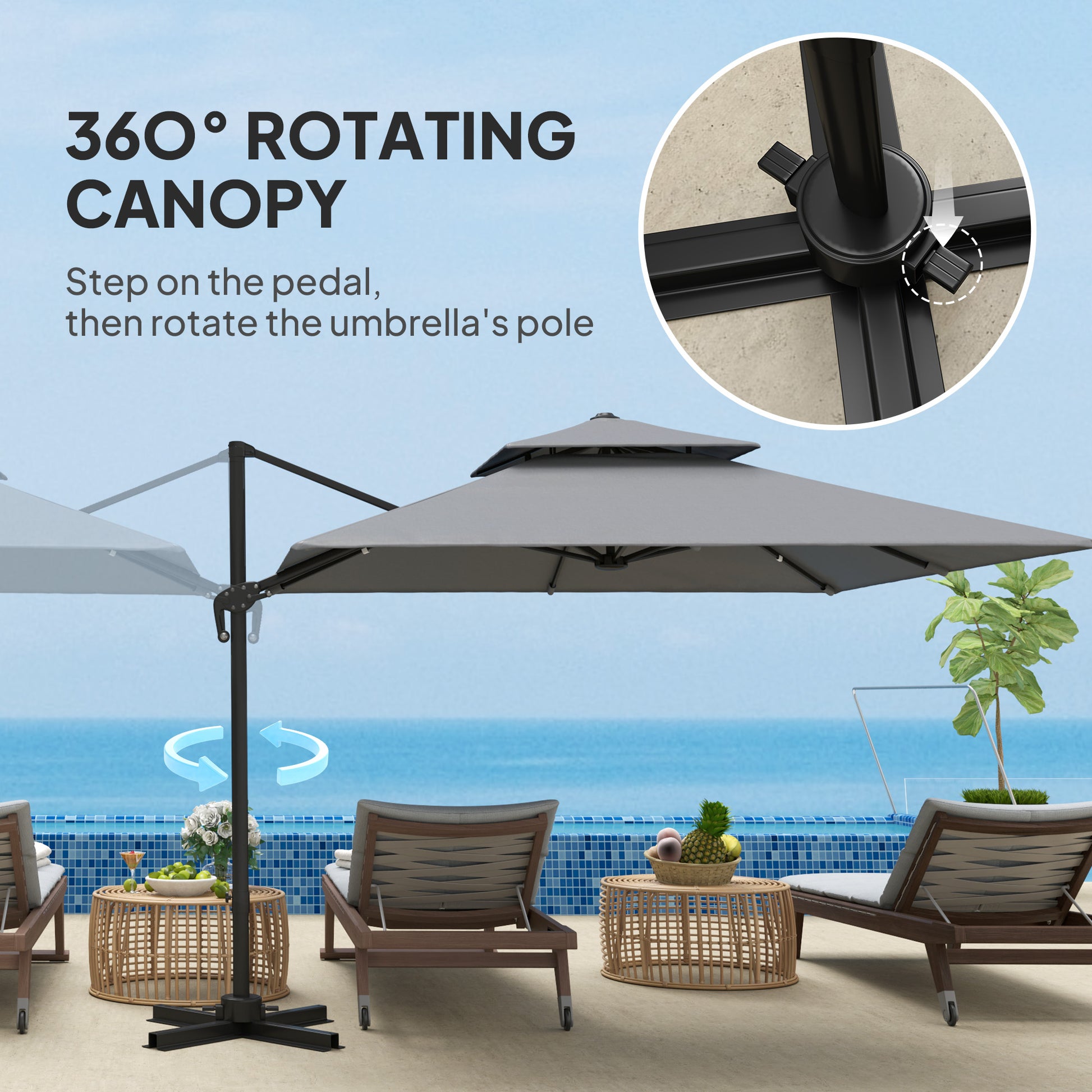 Outsunny 3 x 3(m) Cantilever Parasol with Aluminium Frame, Crank and Tilt, 360-Degree Rotation, Double Top Garden Umbrella with Base and Cover, Light Grey