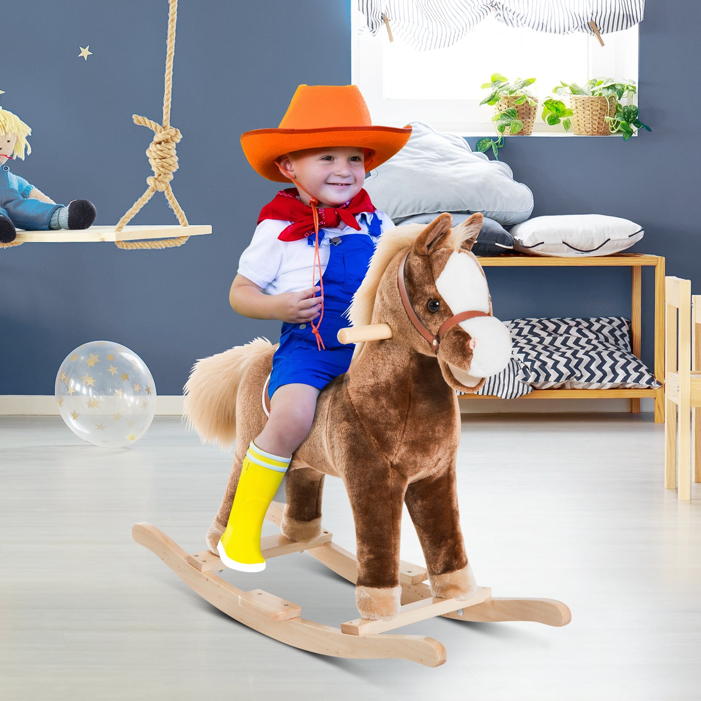 HOMCOM Kids Plush Rocking Horse-Brown