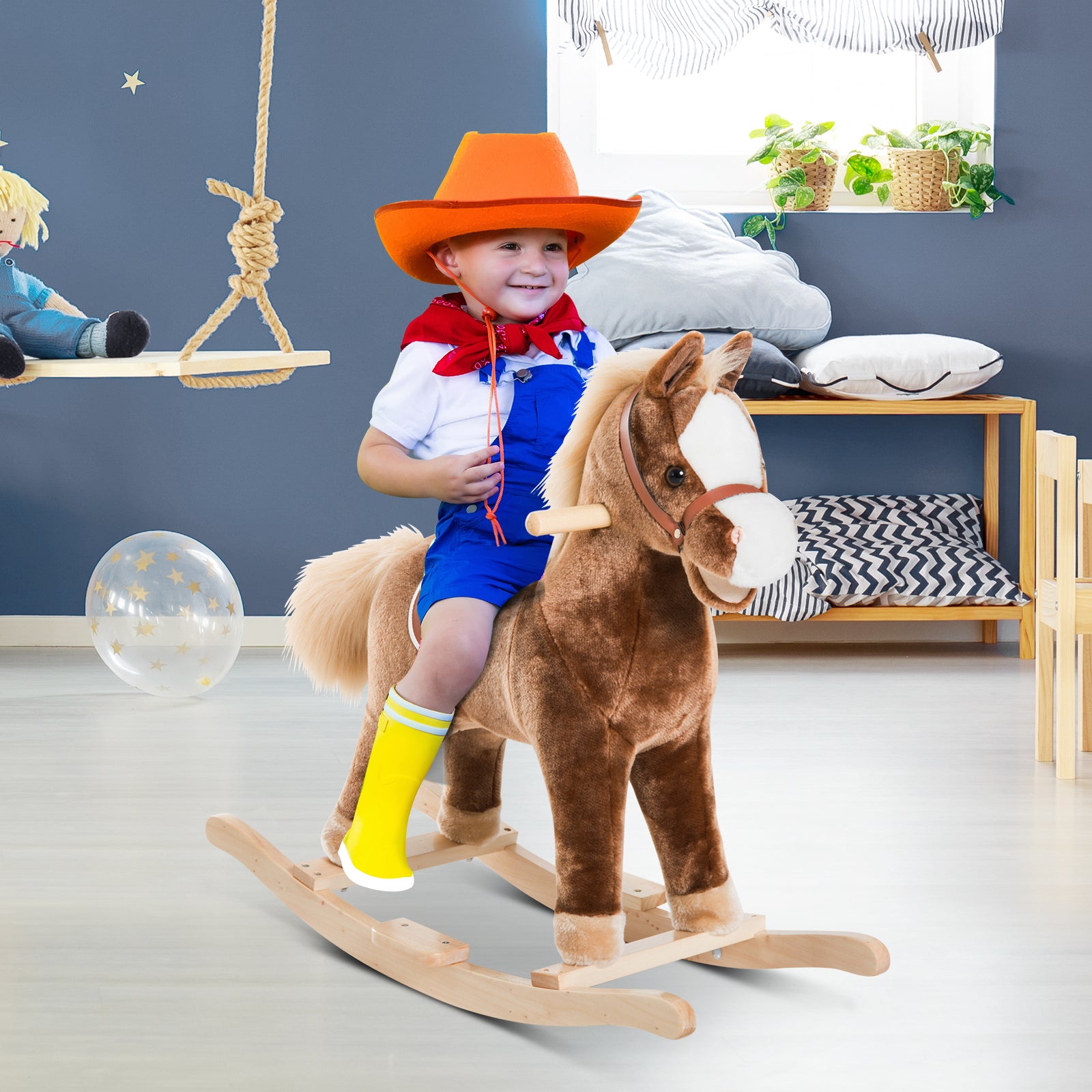 HOMCOM Kids Plush Rocking Horse-Brown