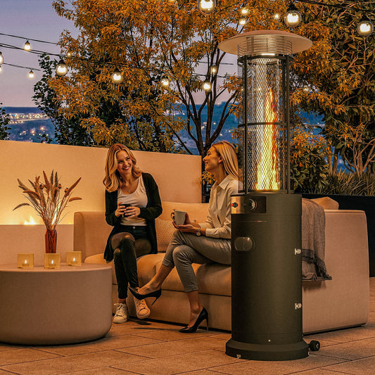 Outsunny 11 KW Freestanding Gas Patio Heater, Adjustable Outdoor Garden Propane Heater with Tip-Over Switch, Wheels, Pulse Ignition, Tank Room with Openable Door, Black