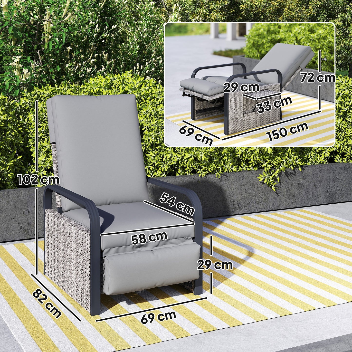 Outsunny 140° Reclining Rattan Armchair - Mixed Grey