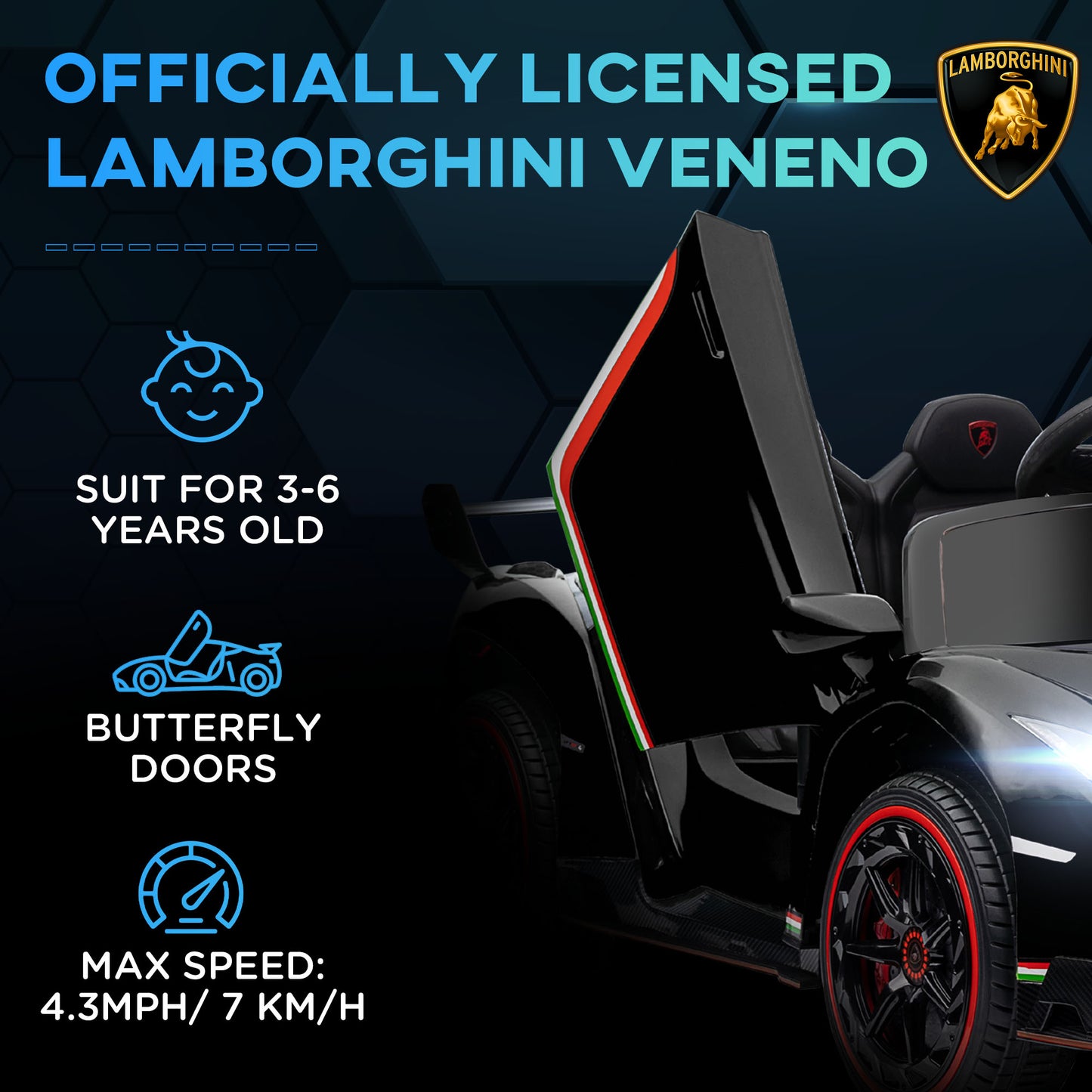 HOMCOM Lamborghini Veneno Licensed 12V Kids Electric Ride on Car w/ Portable Battery, Powered Electric Car w/ Bluetooth, Remote, for Aged 3-6, Black