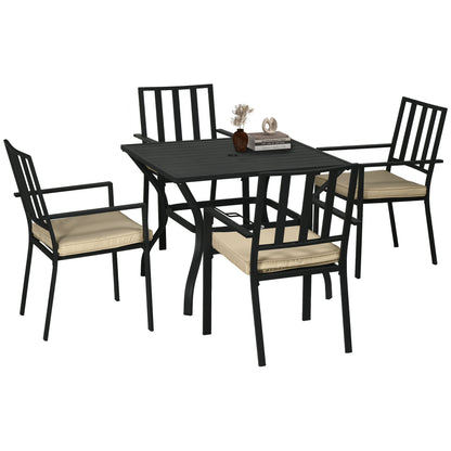 Outsunny 5 Pieces Garden Dining Set with Cushions, Outdoor Patio Table and 4 Stackable Chairs, Metal Top Table with Umbrella Hole, Black