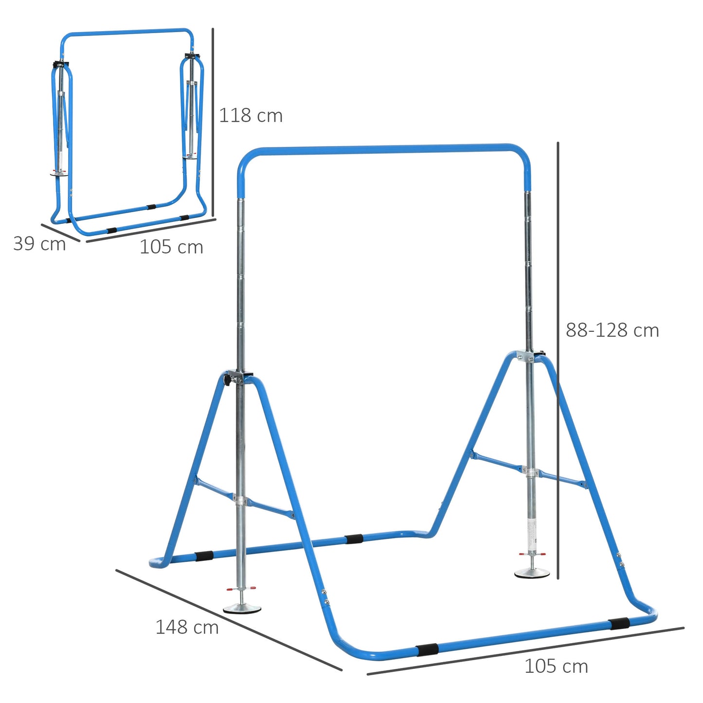 HOMCOM Gymnastics Bar for Kids, Folding Horizontal Bars with Adjustable Height, Training Bar with Triangle Base, Blue
