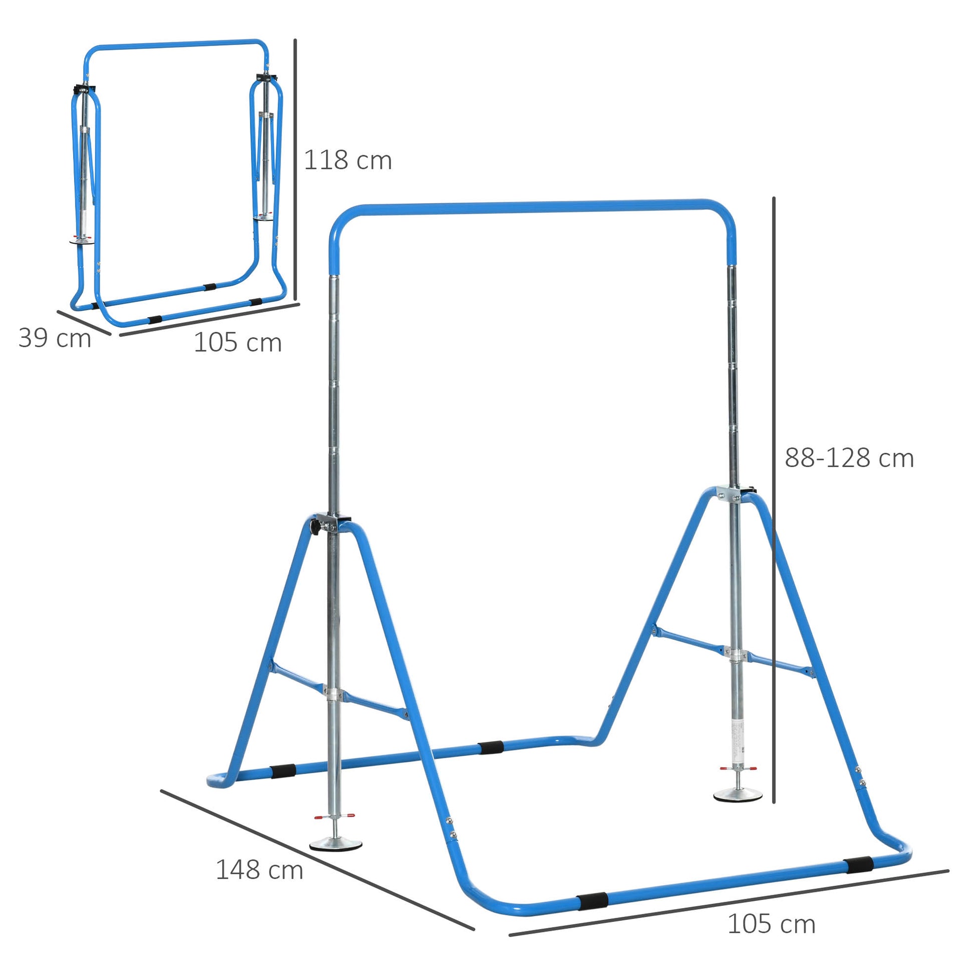 HOMCOM Gymnastics Bar for Kids, Folding Horizontal Bars with Adjustable Height, Training Bar with Triangle Base, Blue