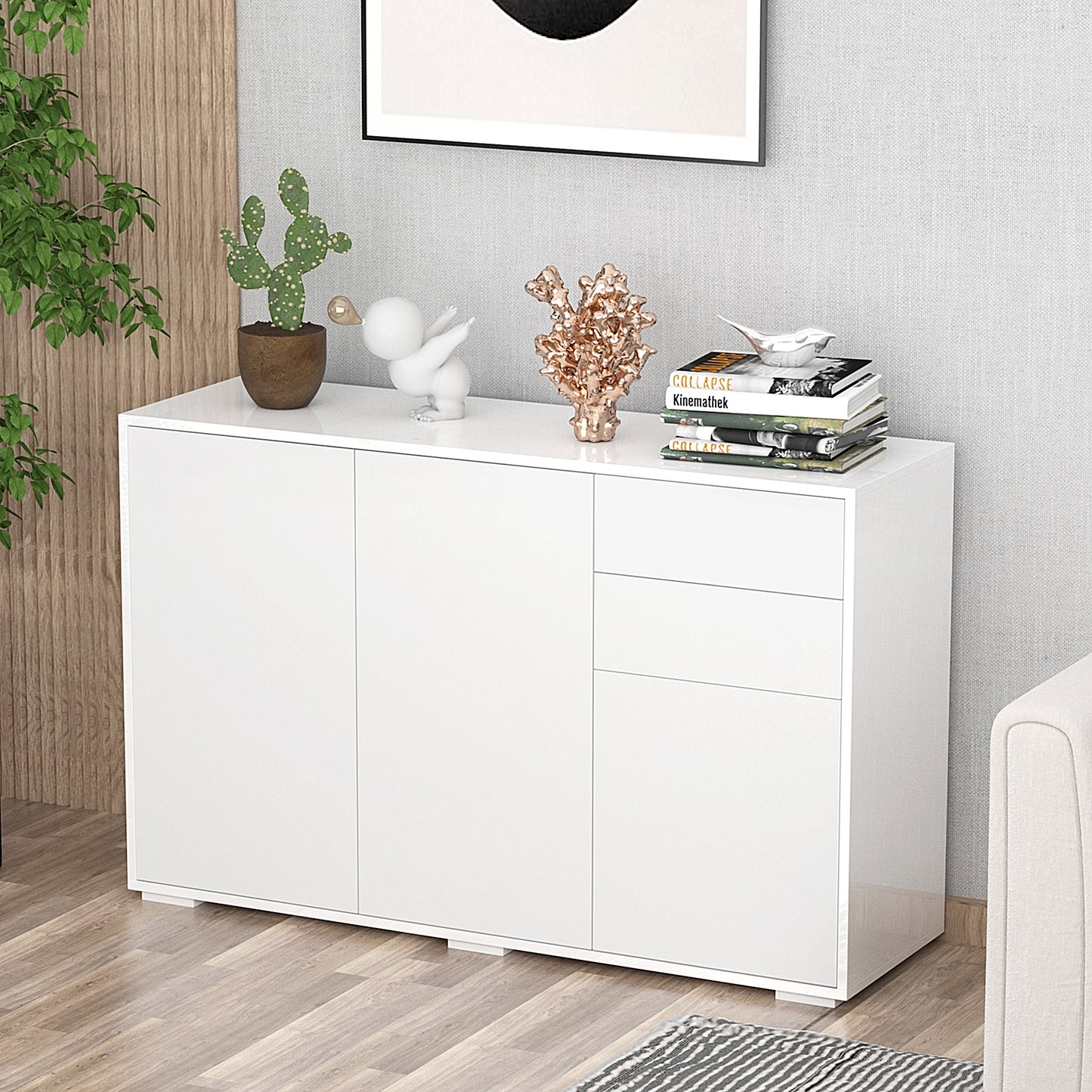 HOMCOM High Gloss Sideboard, Side Cabinet, Push-Open Design with 2 Drawer for Living Room, Bedroom, White
