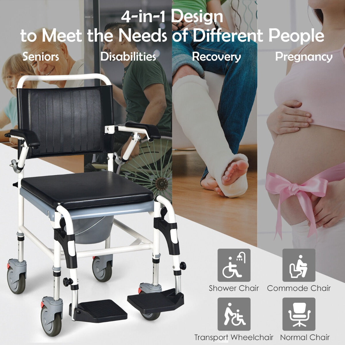 Height Adjustable Commode Wheelchair with Removable Bucket