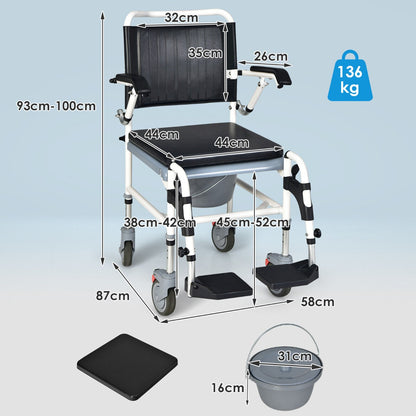 Height Adjustable Commode Wheelchair with Removable Bucket