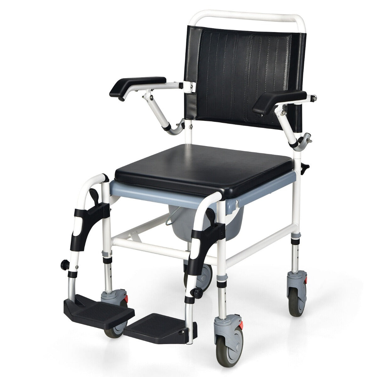 Height Adjustable Commode Wheelchair with Removable Bucket