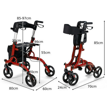 2 in 1 Walker Aluminium Mobility Walking Aid with Seat Adjustable-Red