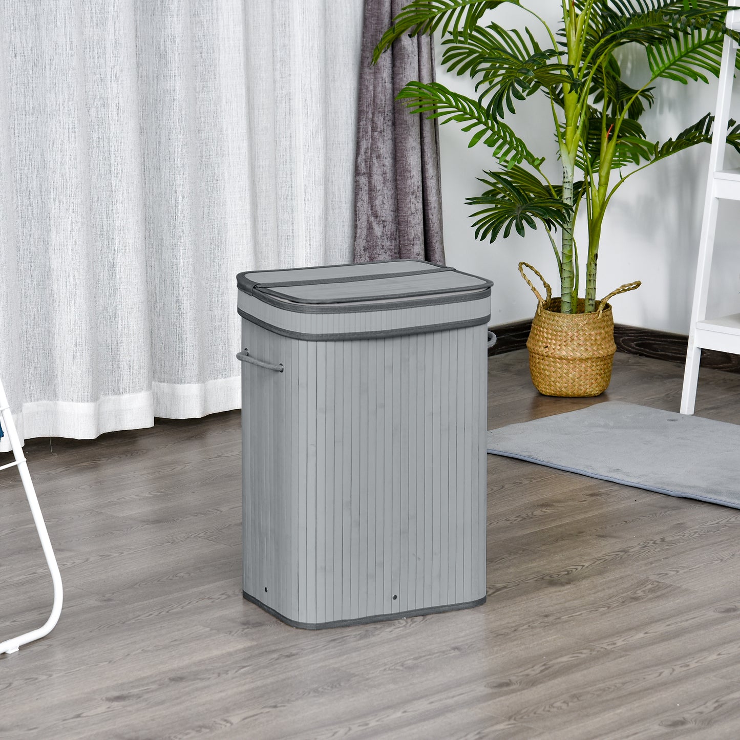 HOMCOM 70L Natural Wood Laundry Basket One Compartment w/Flip Lid Removable Lining Handles Board Base Foldable Water-Resistant Dirty Clothes Storage 