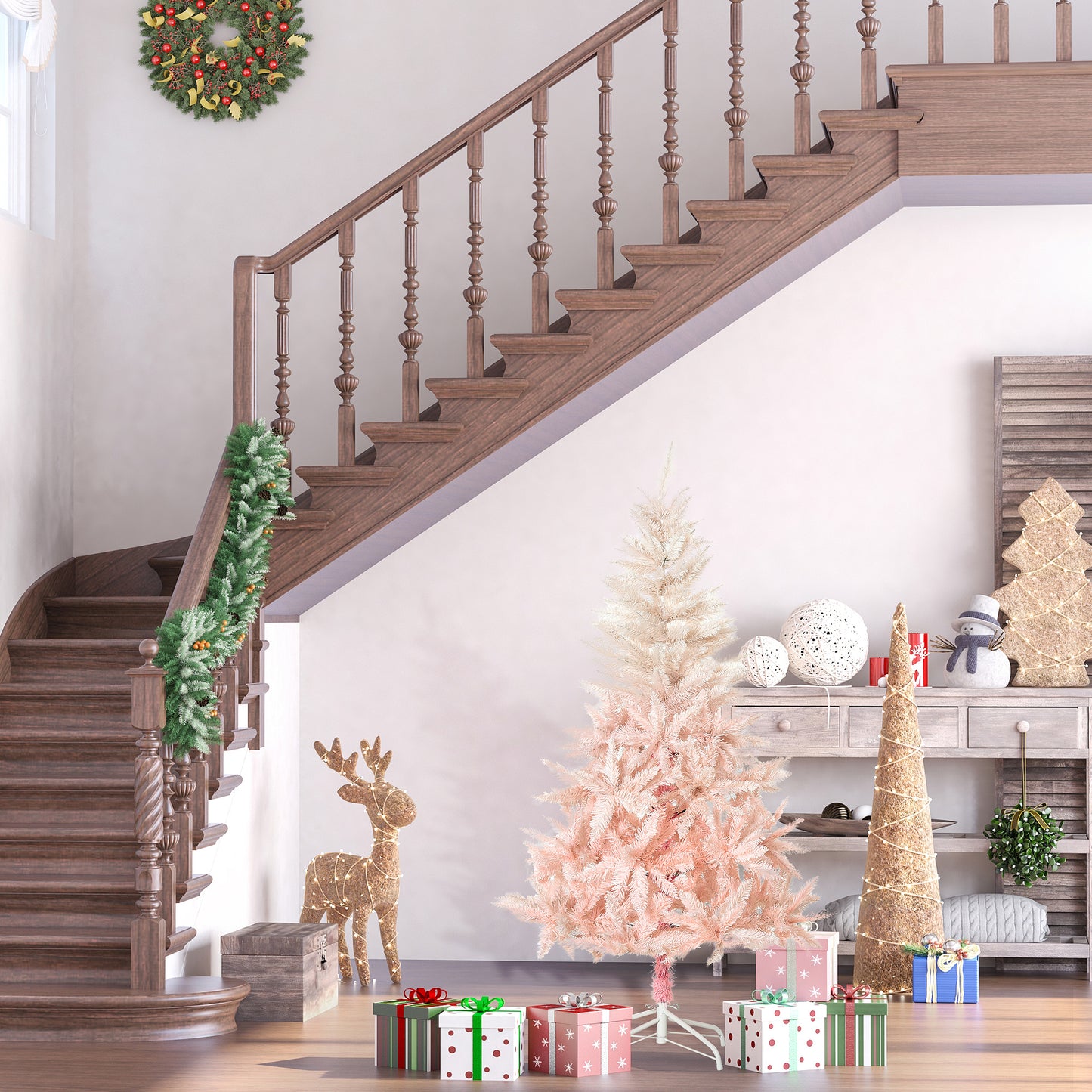 HOMCOM 5ft Artificial Christmas Tree Holiday Home Decoration with Metal Stand, Automatic Open, White and Pink