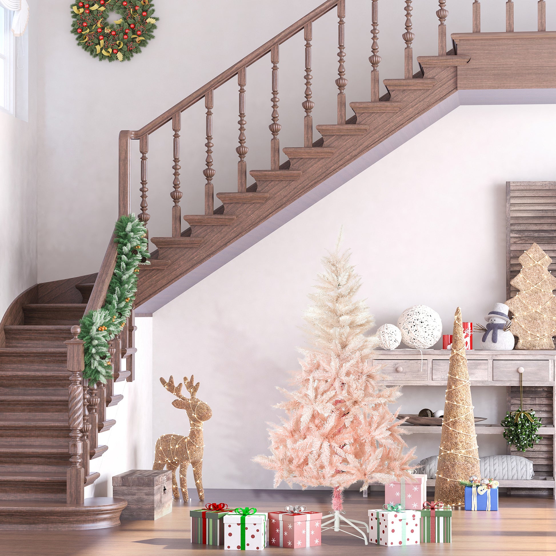 HOMCOM 5ft Artificial Christmas Tree Holiday Home Decoration with Metal Stand, Automatic Open, White and Pink