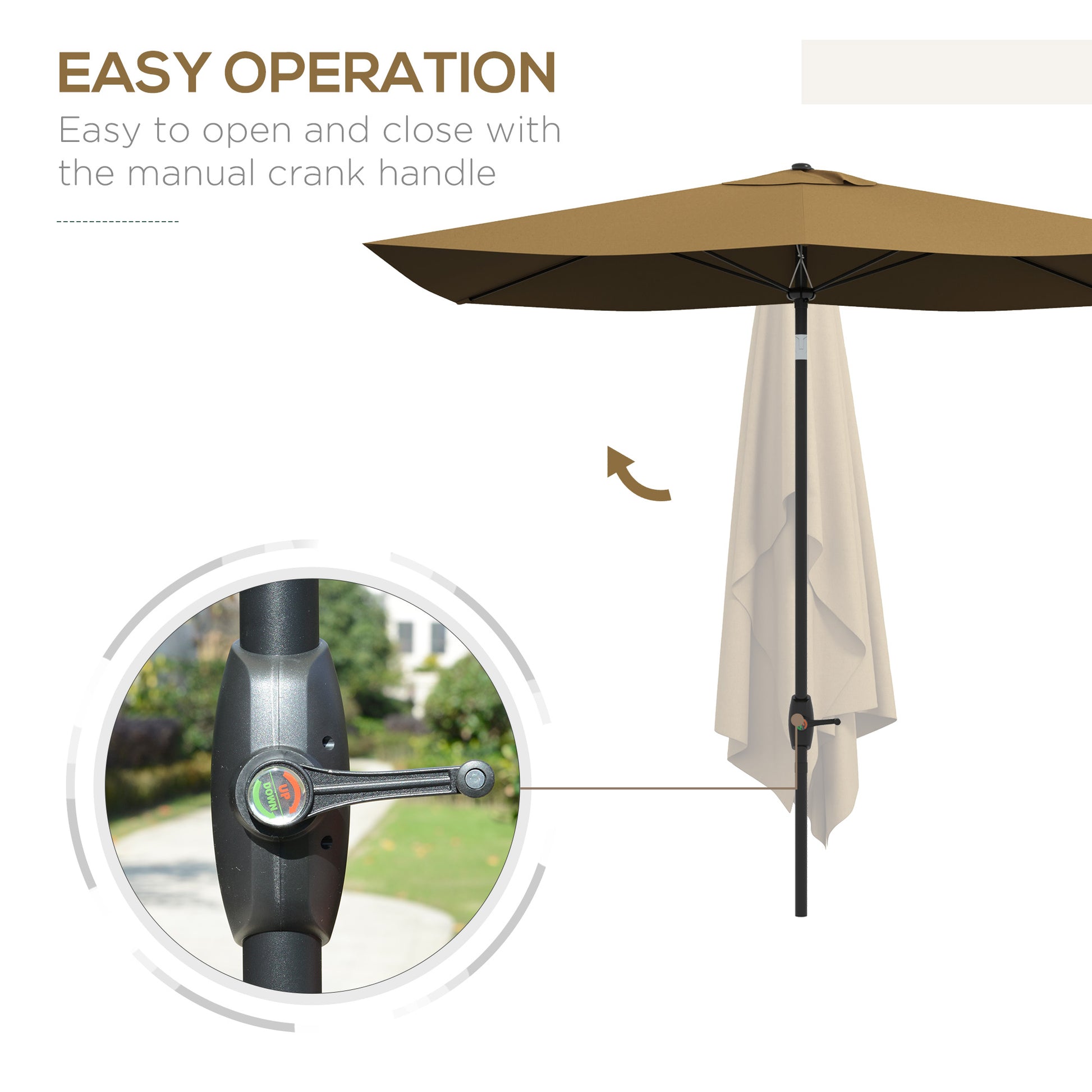Outsunny 2 x 3(m) Garden Parasol Umbrella, Rectangular Outdoor Market Umbrella Sun Shade with Crank & Push Button Tilt, 6 Ribs, Aluminium Pole, Brown