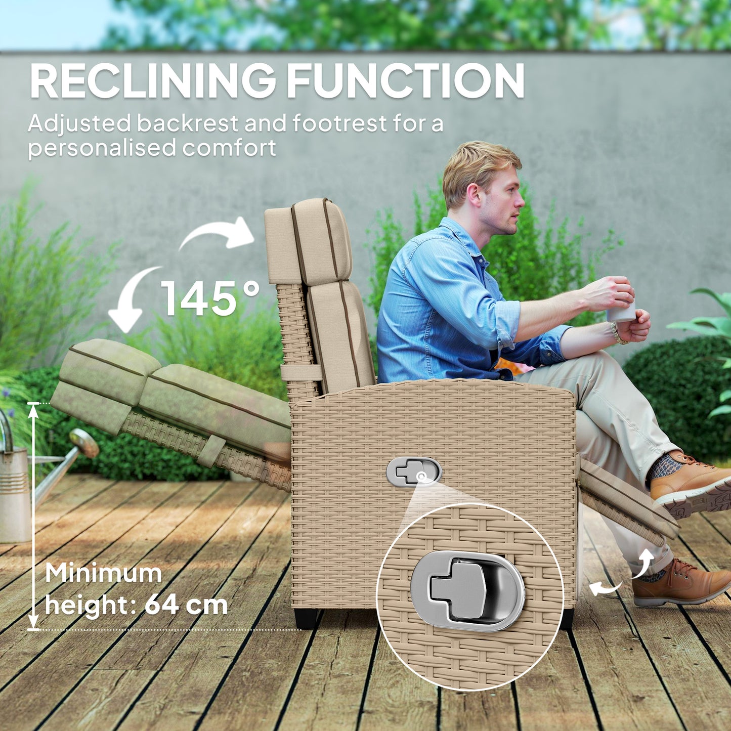 Outsunny 145° Reclining Rattan Armchair, with Footrest - Khaki/Beige