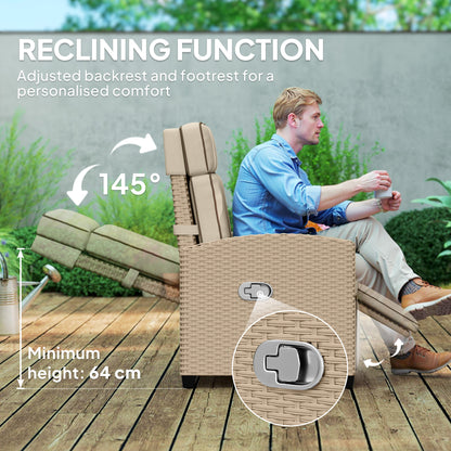 Outsunny 145° Reclining Rattan Armchair, with Footrest - Khaki/Beige