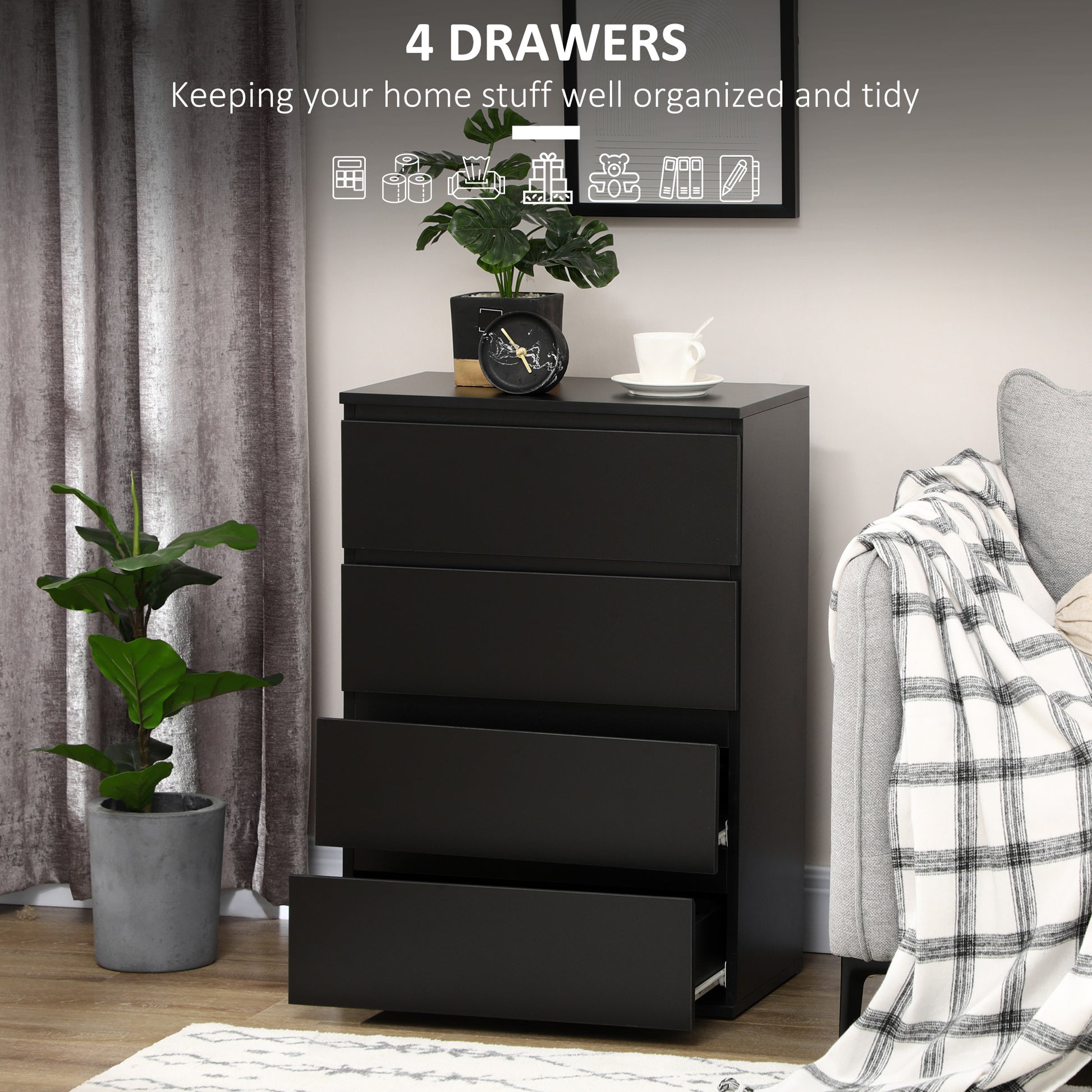 HOMCOM Chest of Drawers, 4-Drawer Storage Cabinets, Modern Dresser, Storage Drawer Unit for Bedroom