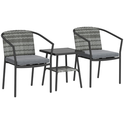 Outsunny 3 Pieces Rattan Bistro Set with Cushions, Wicker Garden Furniture Set, Glass Top Coffee Table and Chairs for Outdoor Patio, Balcony, Terrace and Conservatory, Grey