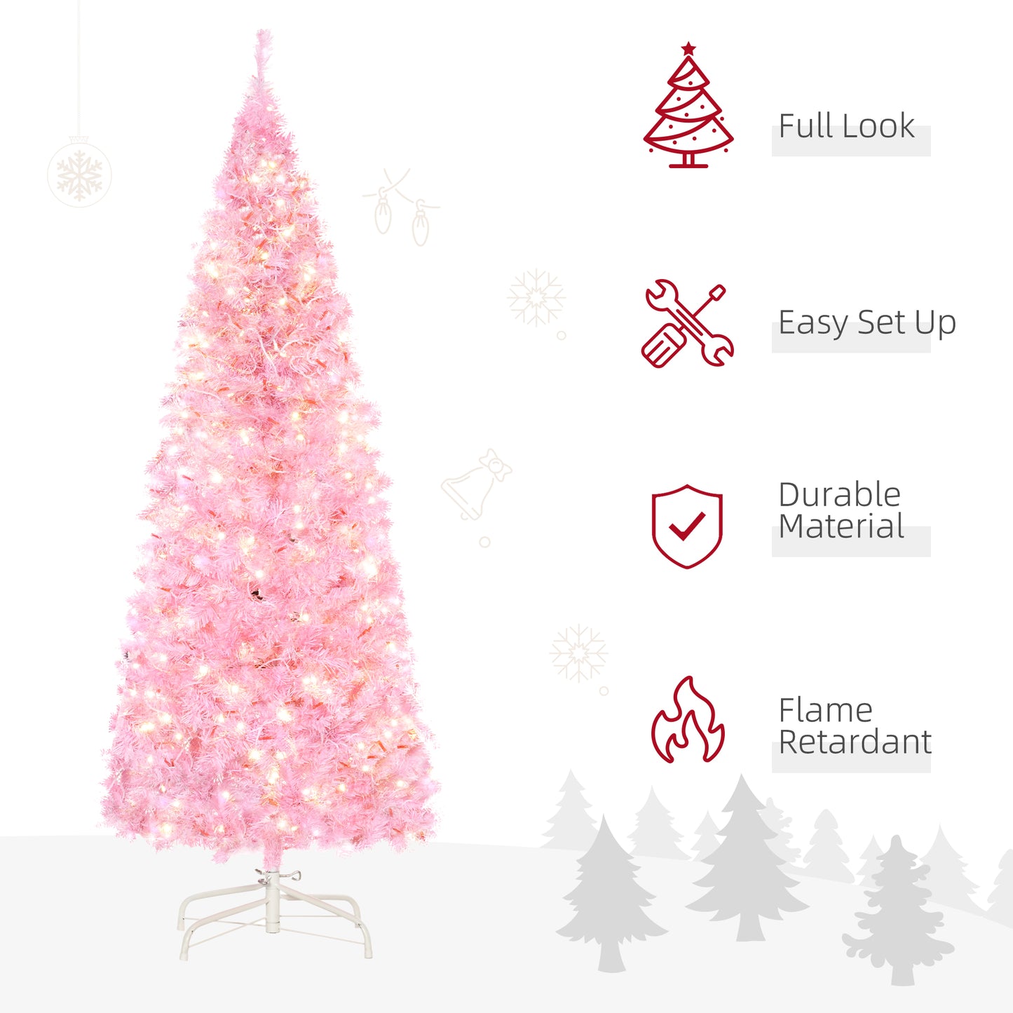 HOMCOM 5' Tall Prelit Pencil Slim Artificial Christmas Tree with Realistic Branches, 250 Warm White LED Lights and 408 Tips, Xmas Decoration, Pink