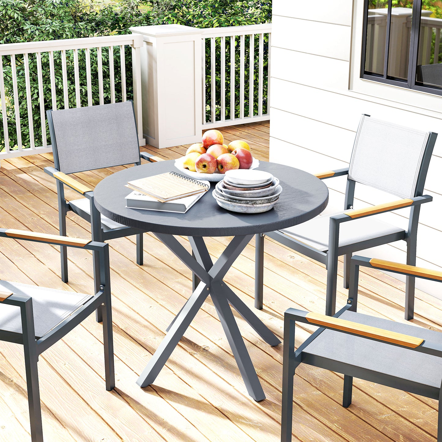 Outsunny Garden Table, 85cm Round Outdoor Dining Table with Steel Frame, Wood Effect Top, for Balcony, Deck, Dark Grey