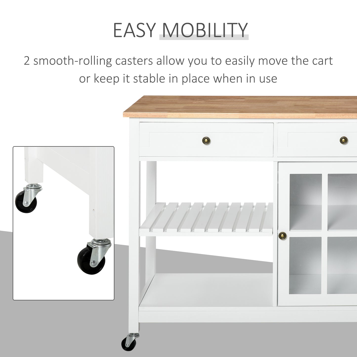 HOMCOM Modern Kitchen Island on Wheels, Kitchen Trolley Storage Cart with 2 Drawers, Cabinet, Towel Rack, Rubber Wood Top for Dining Room, White