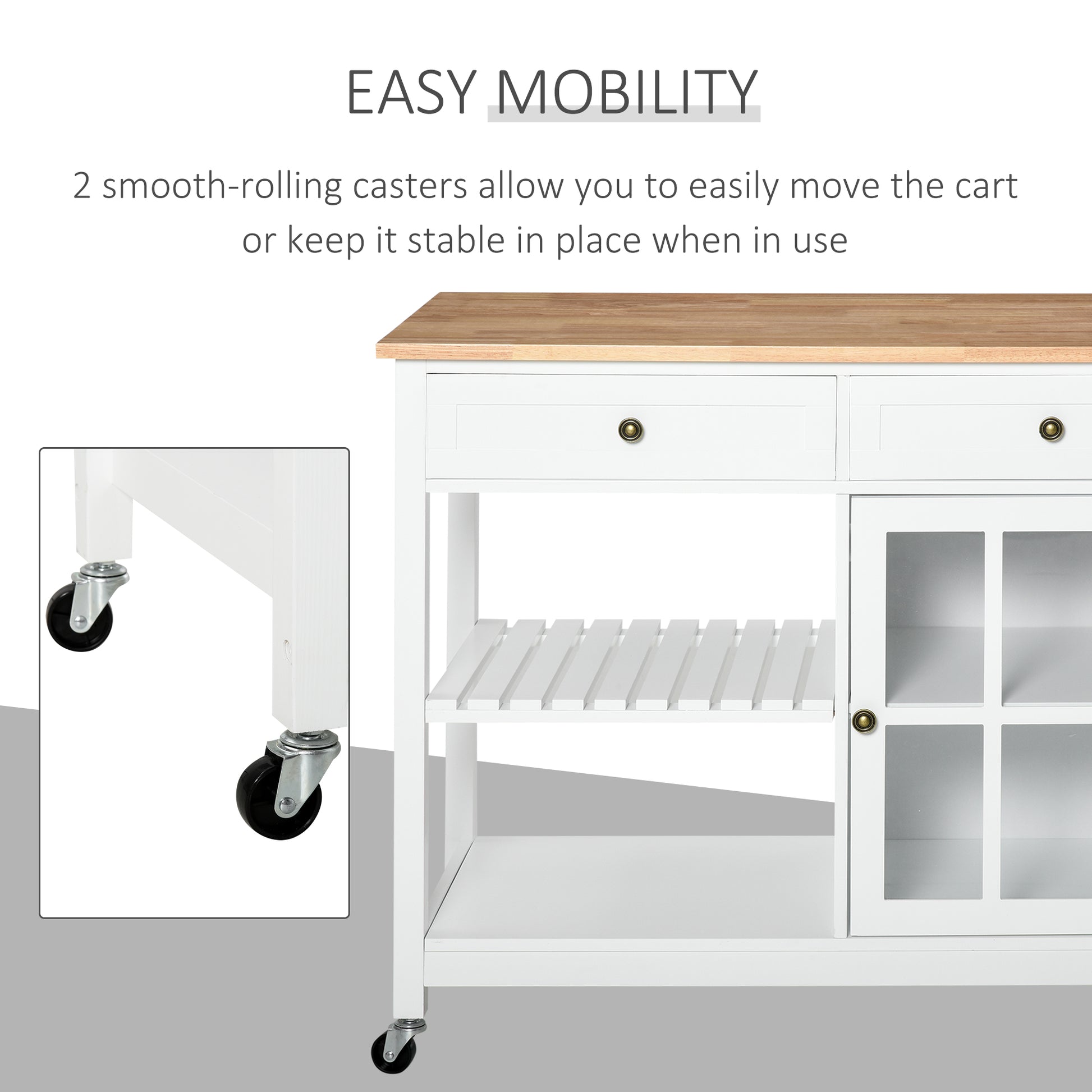 HOMCOM Modern Kitchen Island on Wheels, Kitchen Trolley Storage Cart with 2 Drawers, Cabinet, Towel Rack, Rubber Wood Top for Dining Room, White
