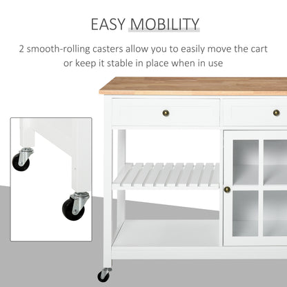 HOMCOM Modern Kitchen Island on Wheels, Kitchen Trolley Storage Cart with 2 Drawers, Cabinet, Towel Rack, Rubber Wood Top for Dining Room, White