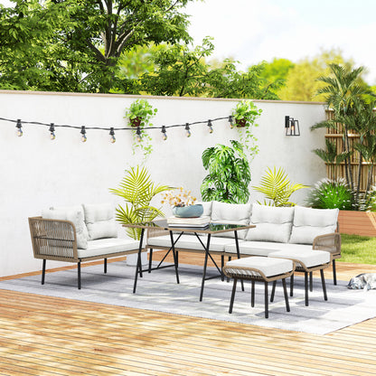Outsunny 6 Piece Rattan Garden Furniture Set, 8 Seater Garden Corner Sofa with Cushions and Glass Top Table, Sectional Outdoor Furniture Conservatory Set for Patio, Cream White