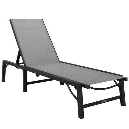 Outsunny Folding Sun Lounger, 5-Position Adjustable Garden Chaise Lounge Sunbed, Steel Frame Reclining Chair for Beach, Porch, Patio, Camping, Light Grey