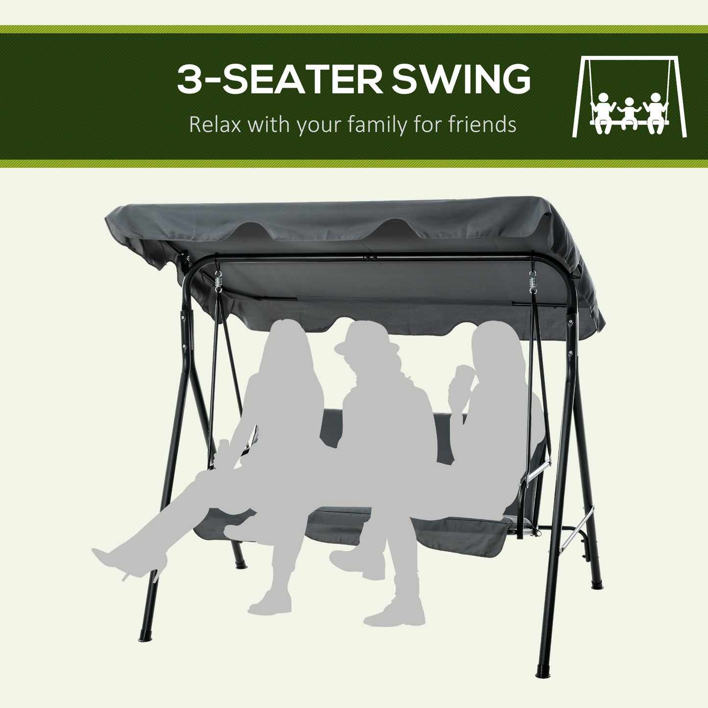 Outsunny 3 Seater Garden Swing Chair, Outdoor Swing Chair with Adjustable Canopy, Mental Frame & Cushions, Grey